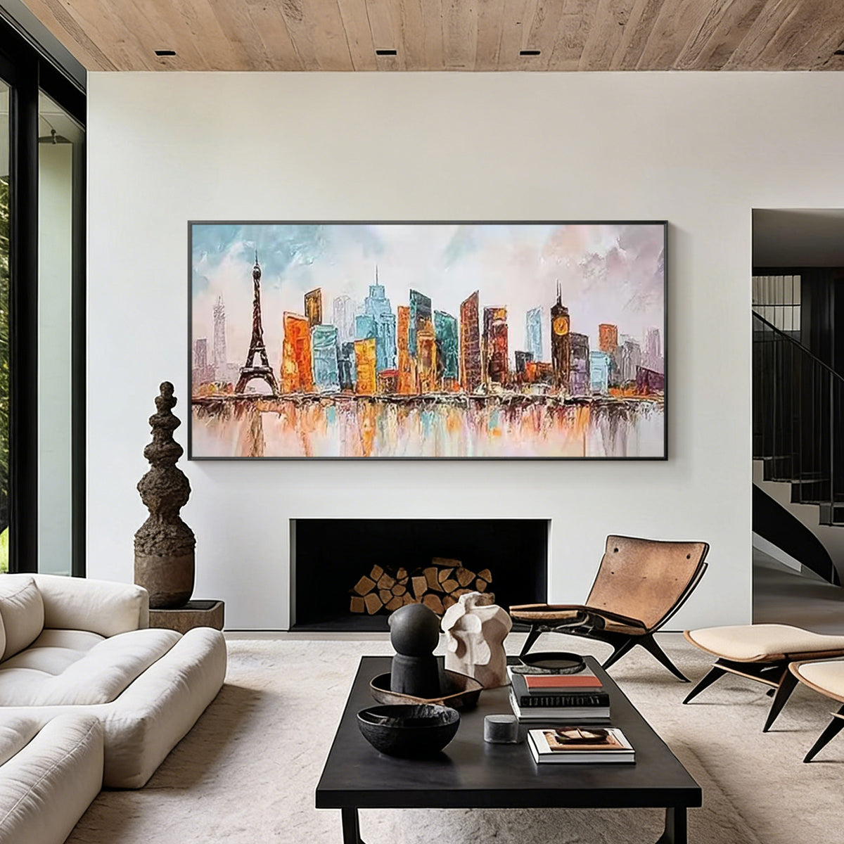 Colorful Paris London inspired wall art displayed above a fireplace in a modern living room