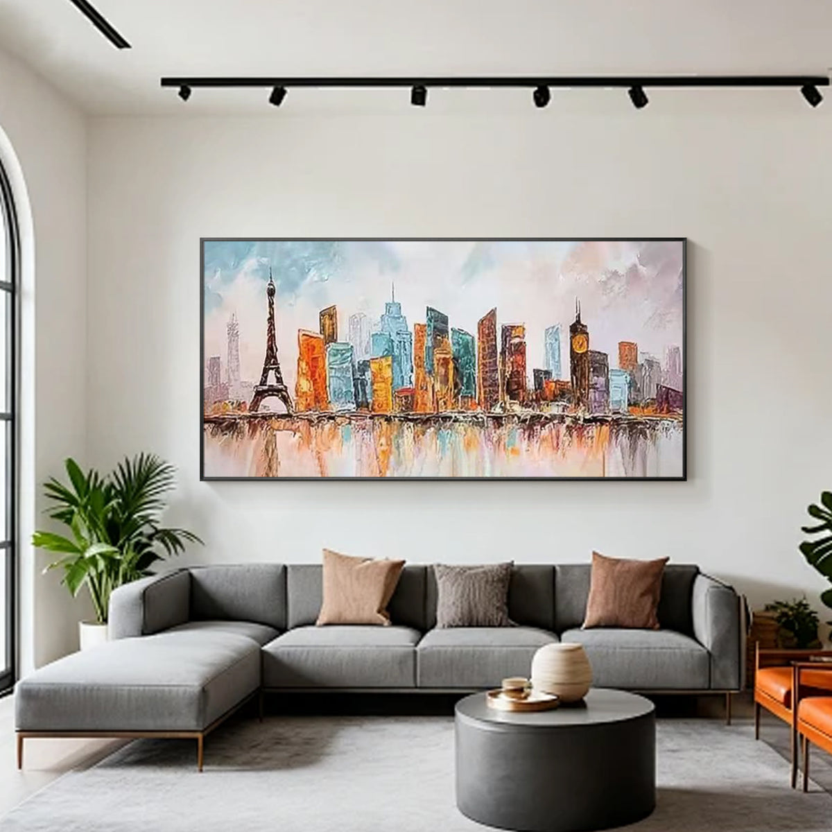 Hand painted European cityscape artwork featuring the Eiffel Tower, colorful buildings and water reflections