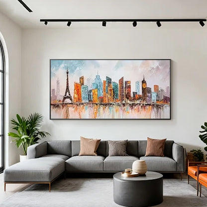 Hand painted European cityscape artwork featuring the Eiffel Tower, colorful buildings and water reflections