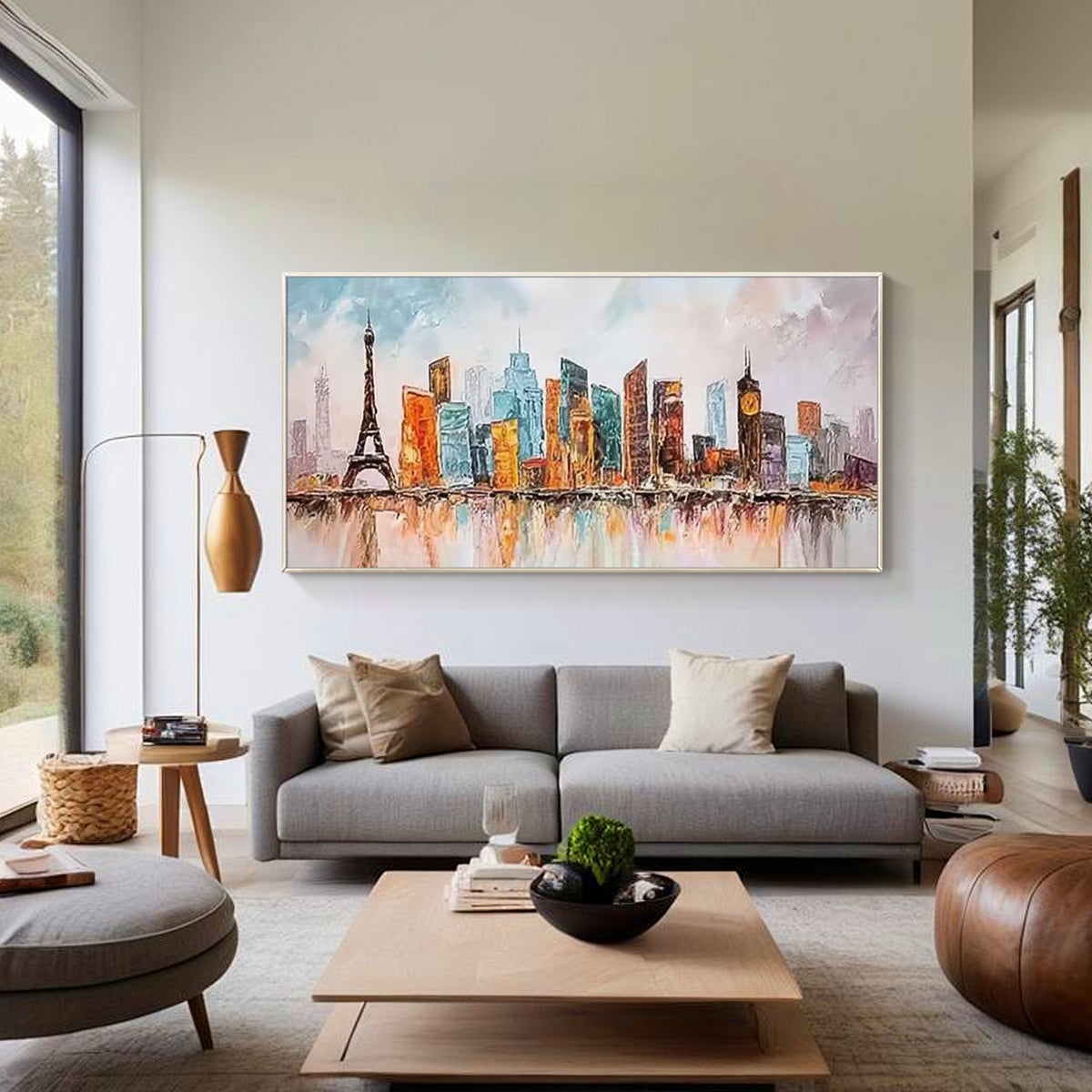 Large horizontal cityscape painting featuring Eiffel Tower, colorful skyscrapers and urban reflections