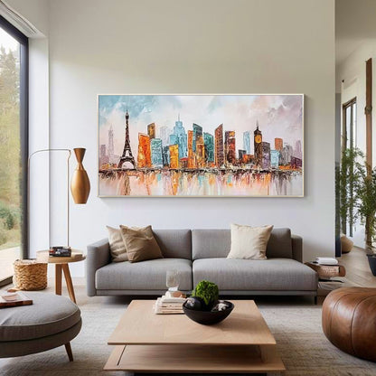 Large horizontal cityscape painting featuring Eiffel Tower, colorful skyscrapers and urban reflections