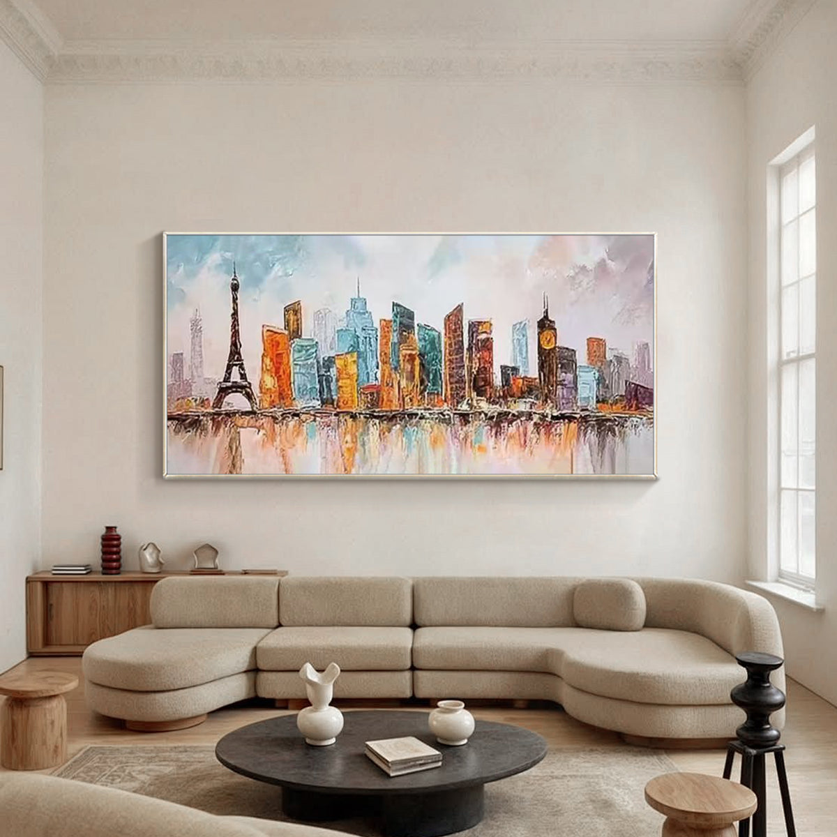 Colorful Paris London inspired wall art displayed above a fireplace in a modern living room