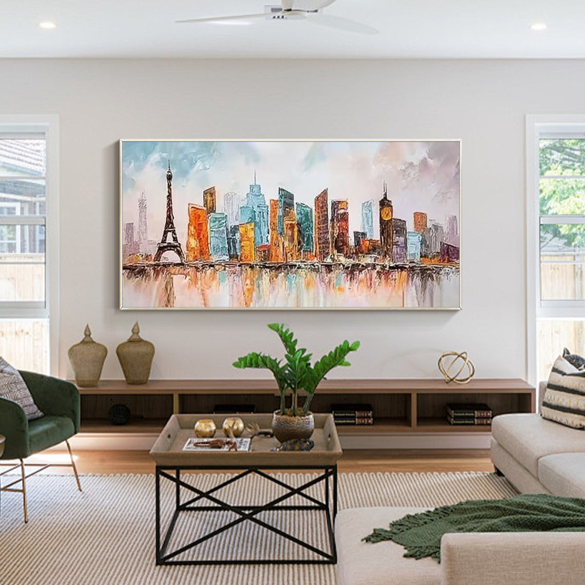 Colorful Paris and London inspired oil painting with Eiffel Tower and clock tower cityscape
