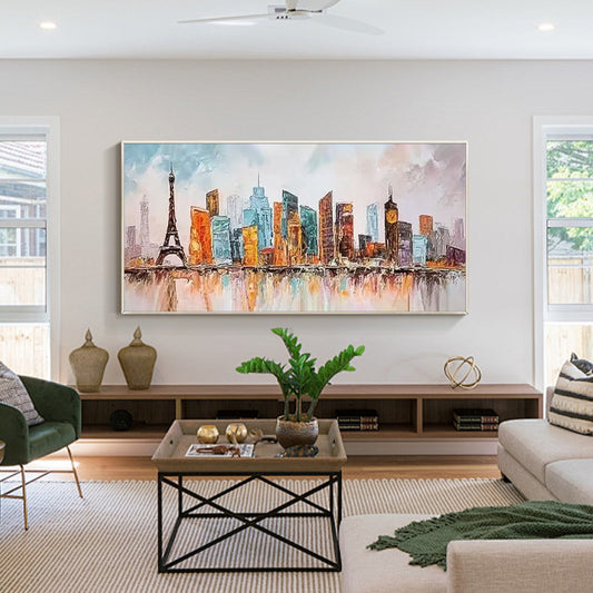 Colorful Paris and London inspired oil painting with Eiffel Tower and clock tower cityscape