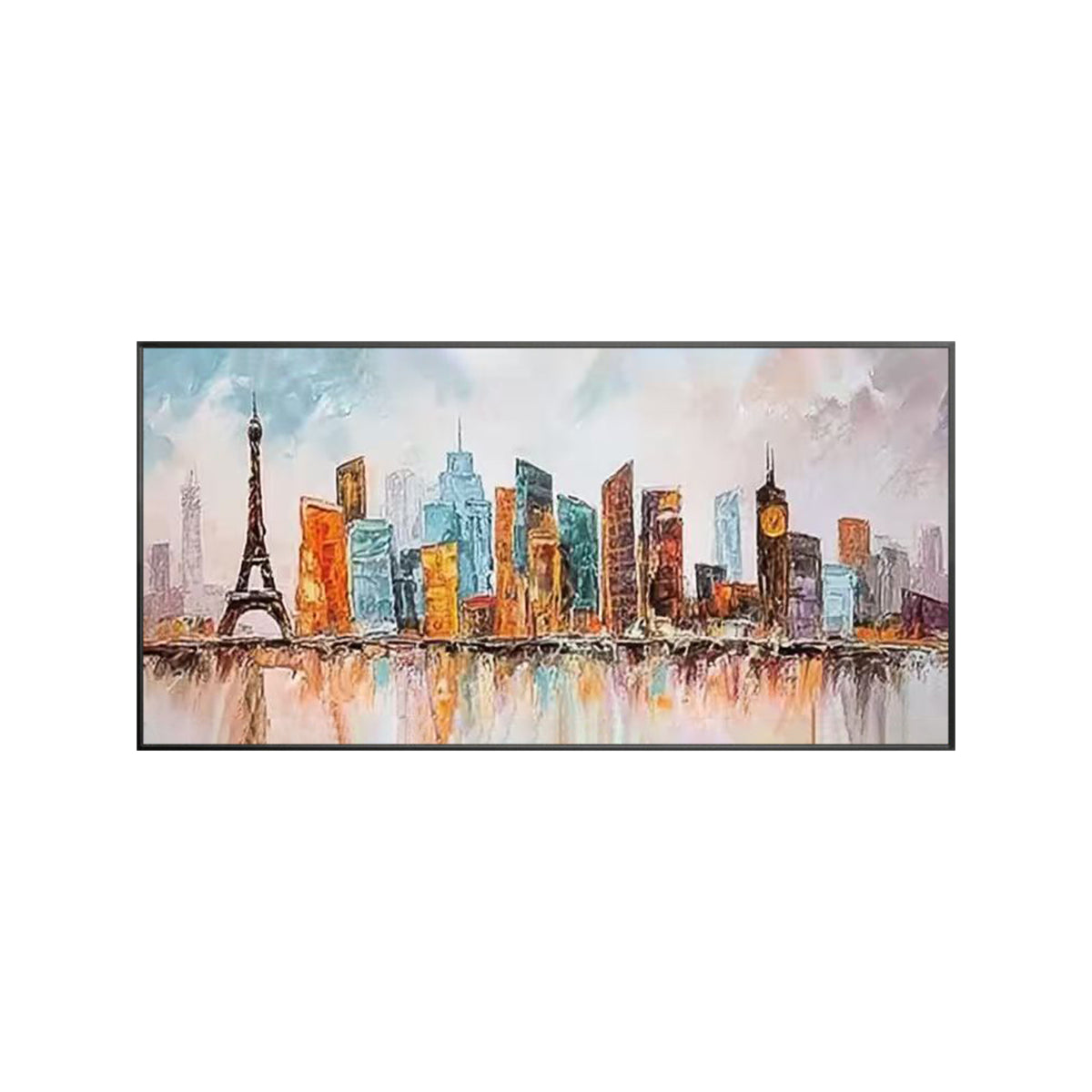 Handmade oil painting of a colorful European skyline with Paris and London inspired architecture