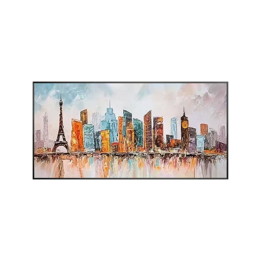 Handmade oil painting of a colorful European skyline with Paris and London inspired architecture