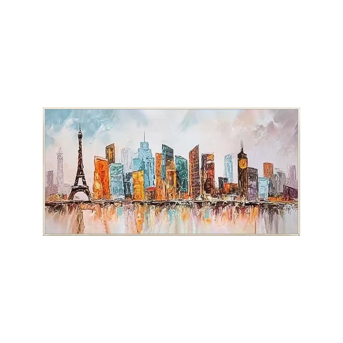 Modern colorful city wall art with Eiffel Tower and clock tower displayed in a minimalist interior