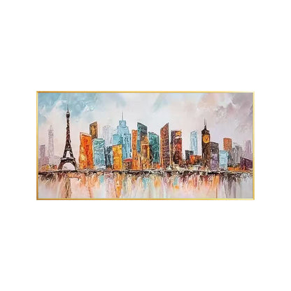 Textured European cityscape oil painting styled above a fireplace with neutral modern furniture