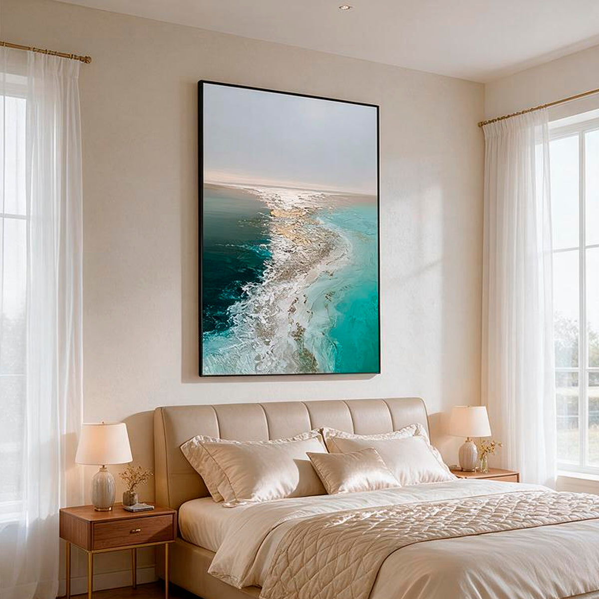 Beige gray and teal seascape canvas wall decor