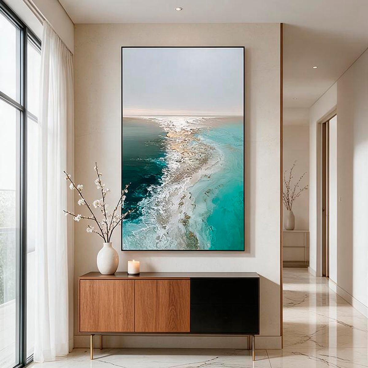Contemporary coastal wall art in teal beige and gray tones
