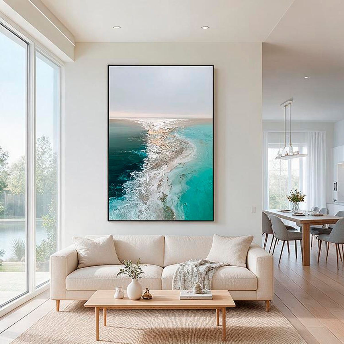 Large teal green ocean wall art with beige gray seascape