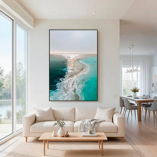 Large teal green ocean wall art with beige gray seascape