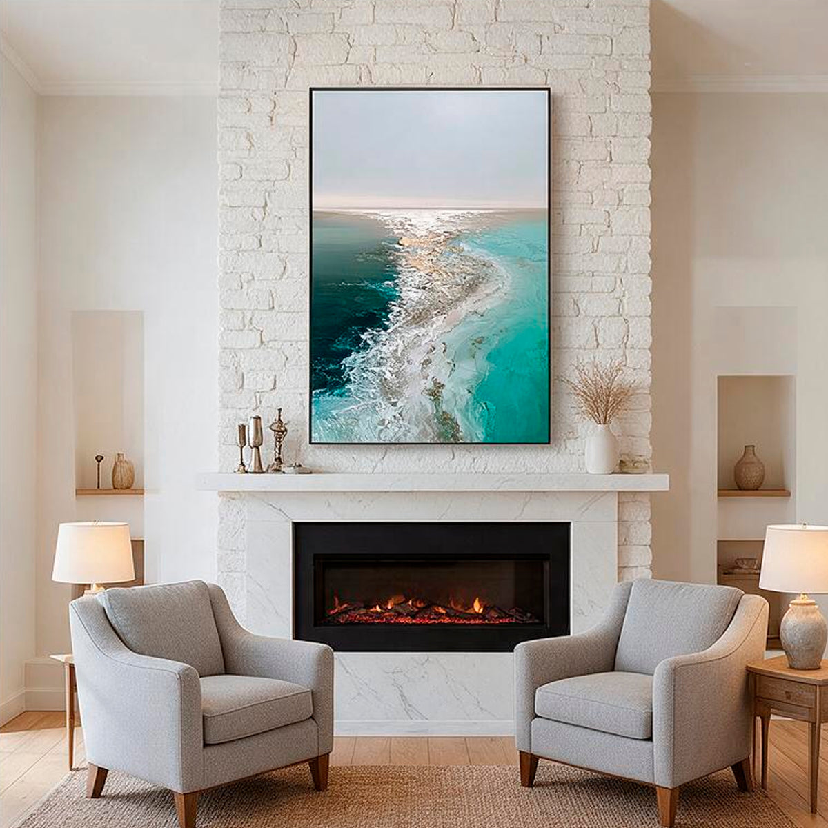 Large beige gray seascape wall art for living room