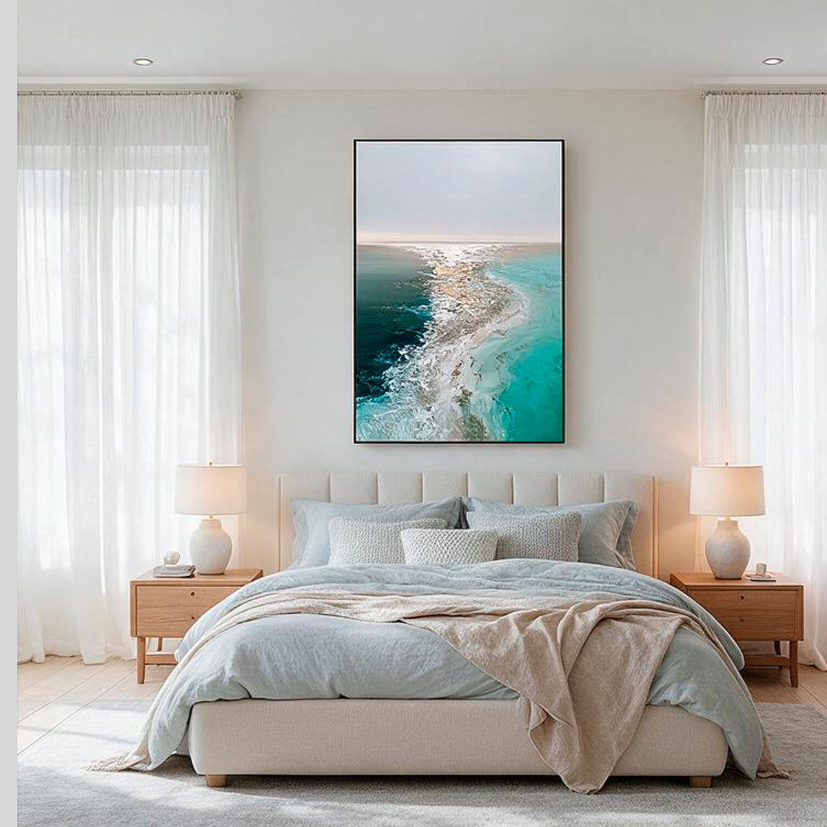 Teal green ocean canvas above a modern living room sofa
