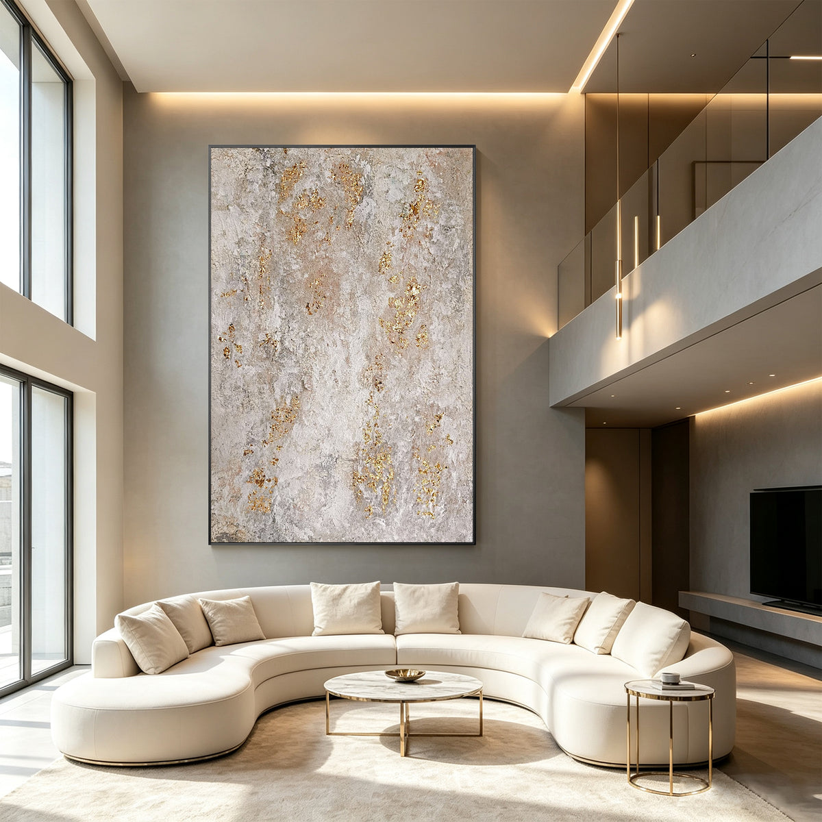Contemporary gold and beige canvas wall decor for a modern living room.