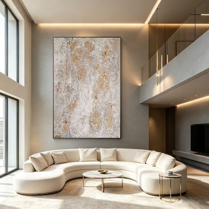 Contemporary gold and beige canvas wall decor for a modern living room.