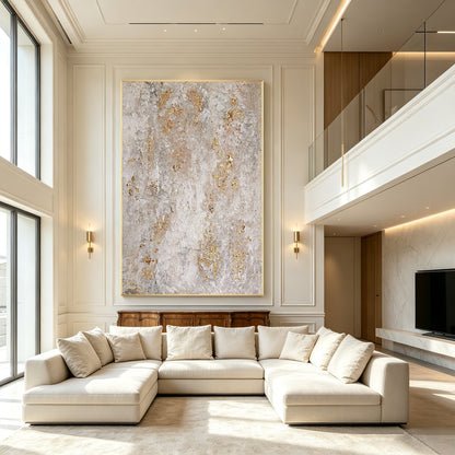 Large vertical abstract painting with textured ivory beige and metallic gold details.