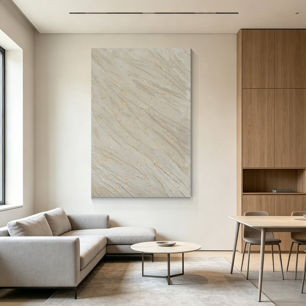 Modern neutral wall art featuring gold accents and soft beige tones