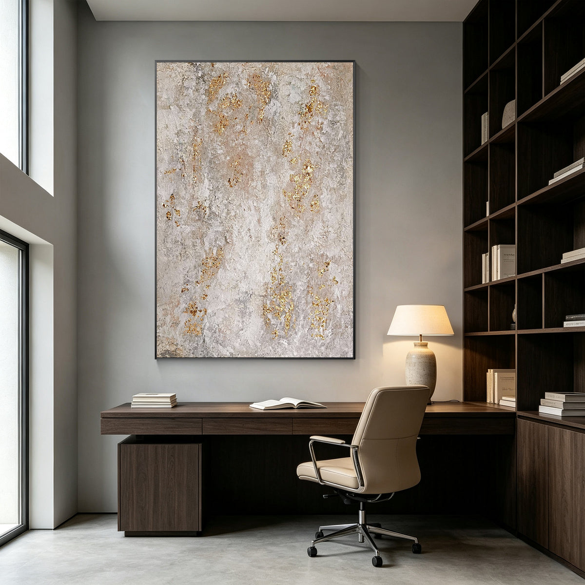 Modern luxury wall art featuring organic beige texture and gold details.