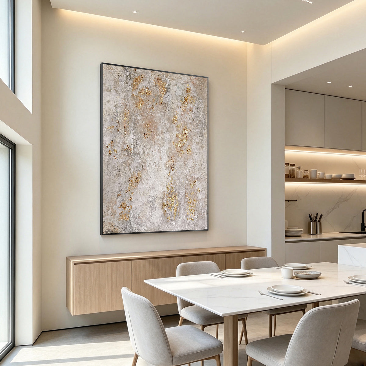 Hand-painted neutral abstract artwork with 3D texture and subtle gold accents.