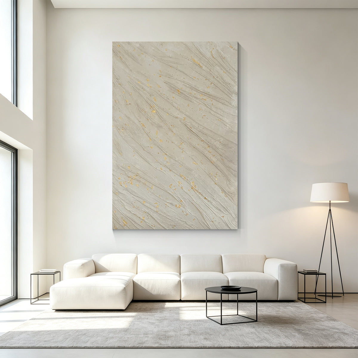 Luxury gold and cream abstract canvas painting with elegant leaf design