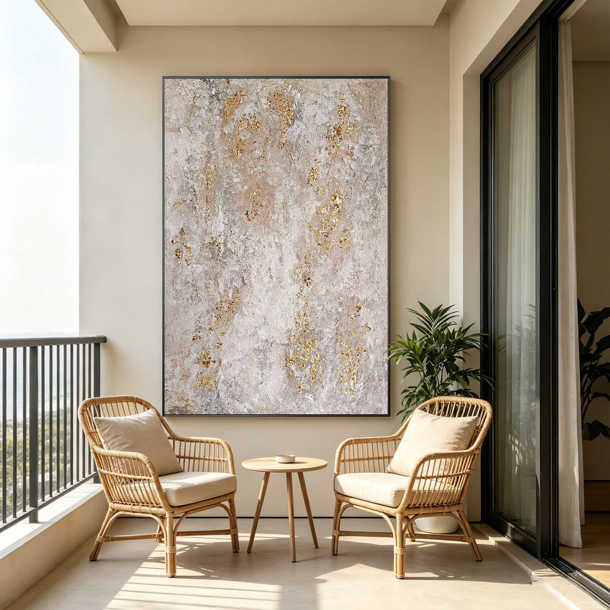 Large textured abstract canvas painting in beige, ivory, taupe, and gold.