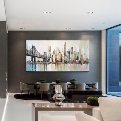 Modern urban canvas art with colorful skyline and buildings