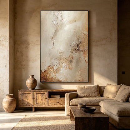 Modern neutral abstract wall art above sofa with earthy beige home decor