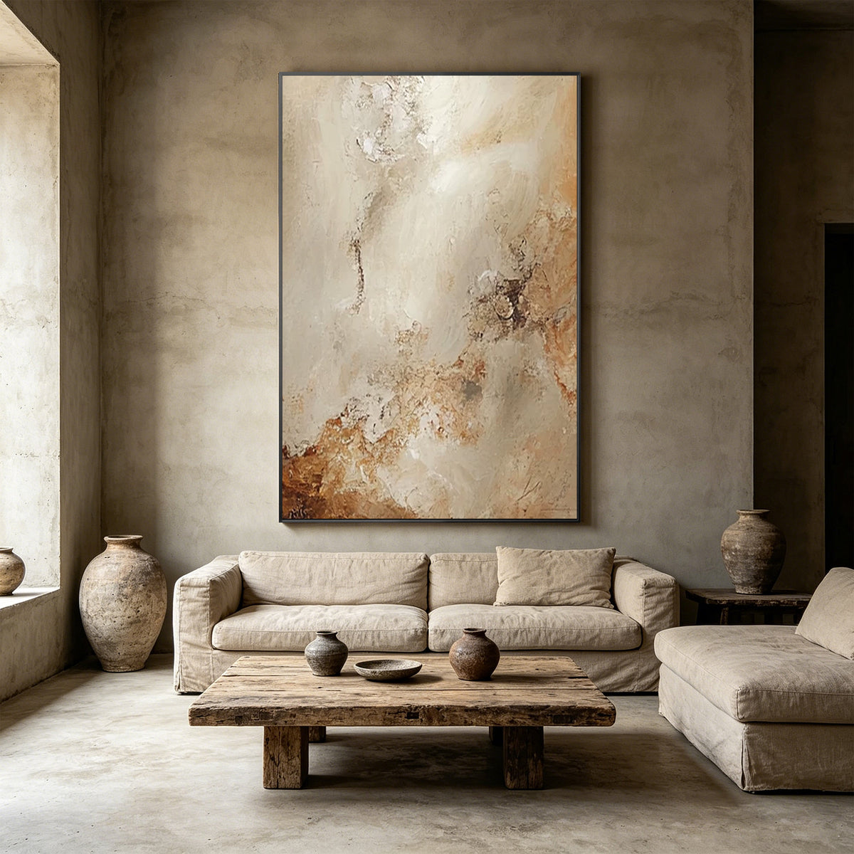 Ivory beige textured canvas artwork inspired by wabi sabi interior design