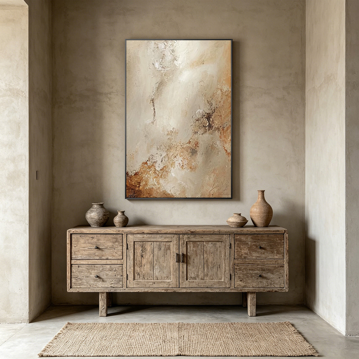 Organic modern wall art with beige and cream textured layers on canvas