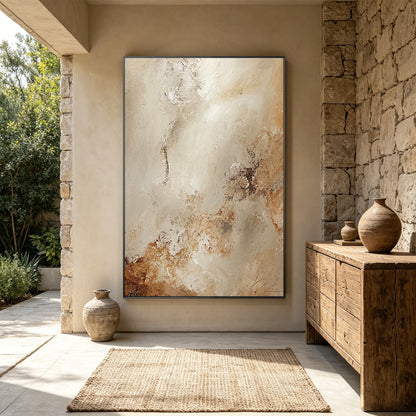 Wabi sabi minimalist canvas painting featuring neutral beige organic textures