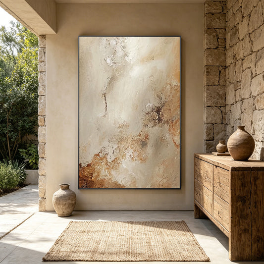 Wabi sabi minimalist canvas painting featuring neutral beige organic textures