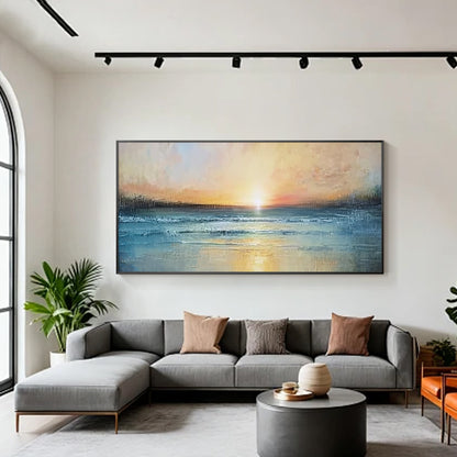 Large ocean canvas wall art above sofa