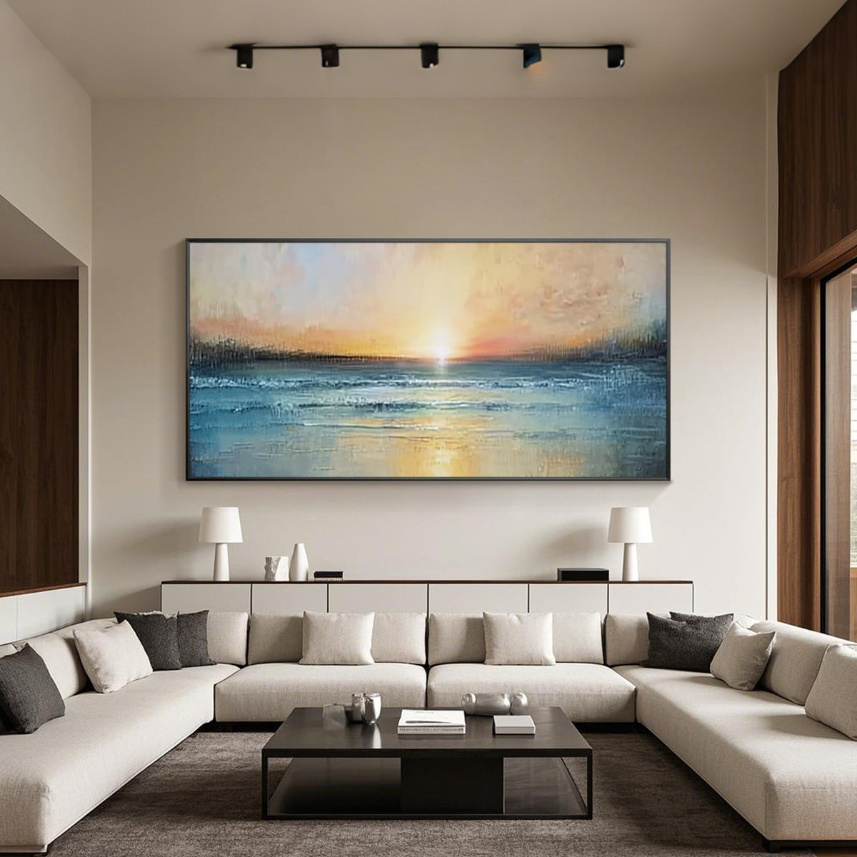 Textured blue beige ocean canvas painting for living room