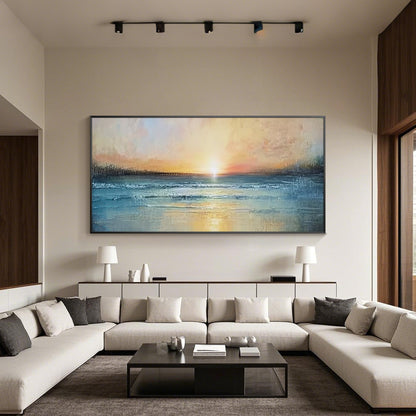 Textured blue beige ocean canvas painting for living room