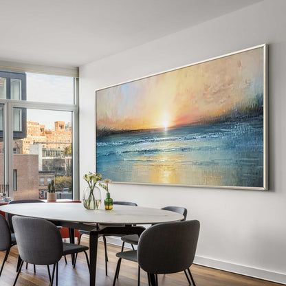 Handmade ocean wall art in blue and beige sunset tones
