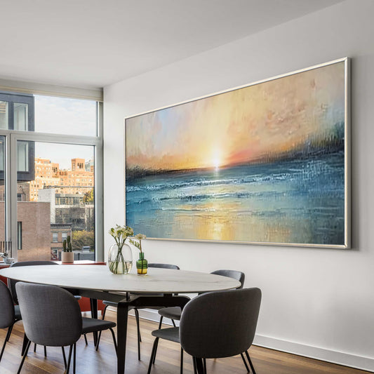 Handmade ocean wall art in blue and beige sunset tones