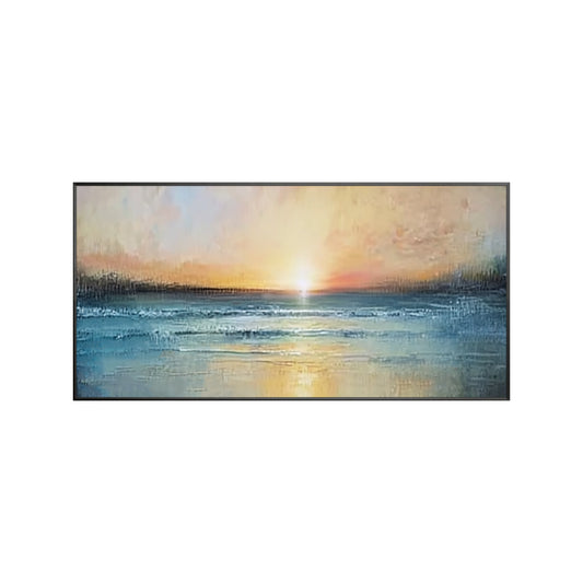 Large coastal sunset wall art with blue beige textured ocean