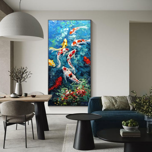 Modern koi fish canvas artwork with vibrant blue colors