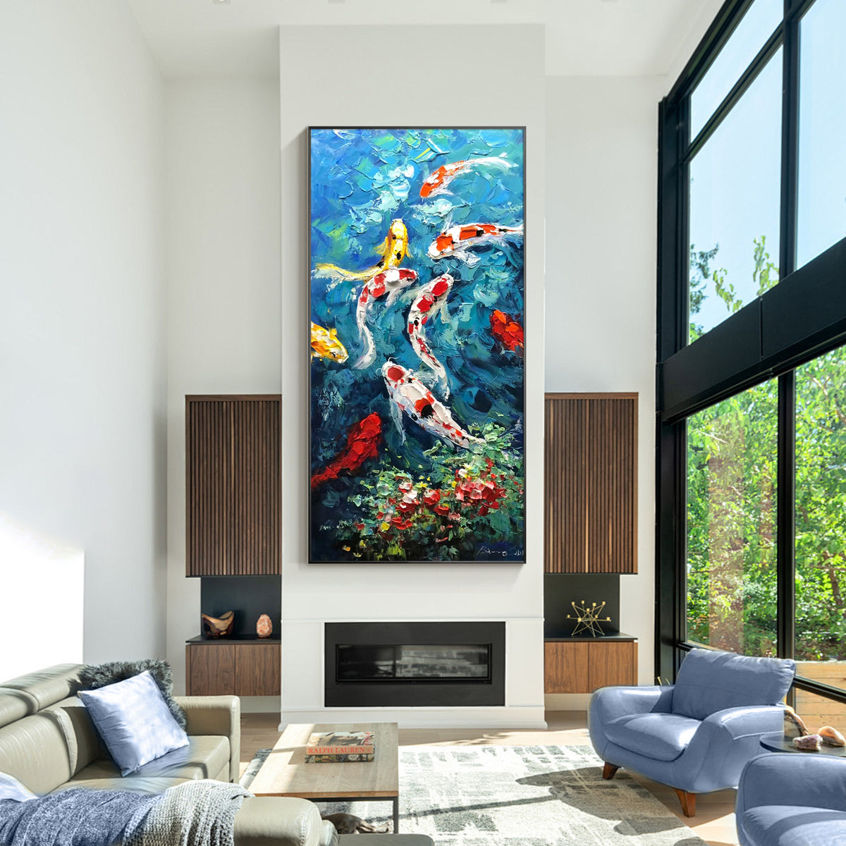 Colorful fish wall decor featuring artistic koi design