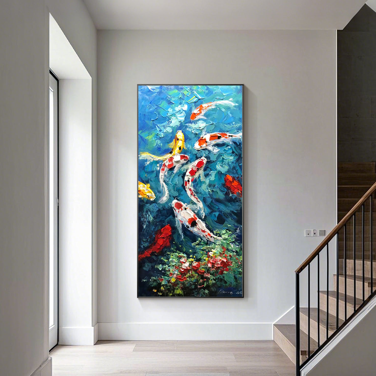 Large blue canvas art with vibrant koi fish artwork