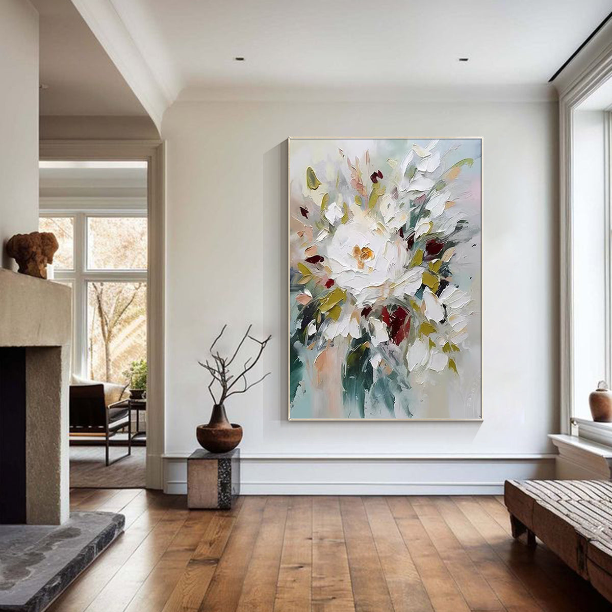 Large botanical canvas artwork featuring elegant white flowers in a contemporary style.