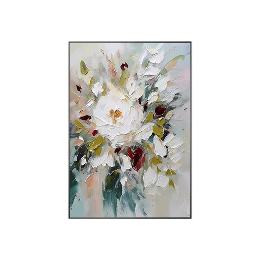 Large hand-painted white floral wall art featuring textured botanical flowers on canvas, perfect for organic modern living room, bedroom, and contemporary home decor.