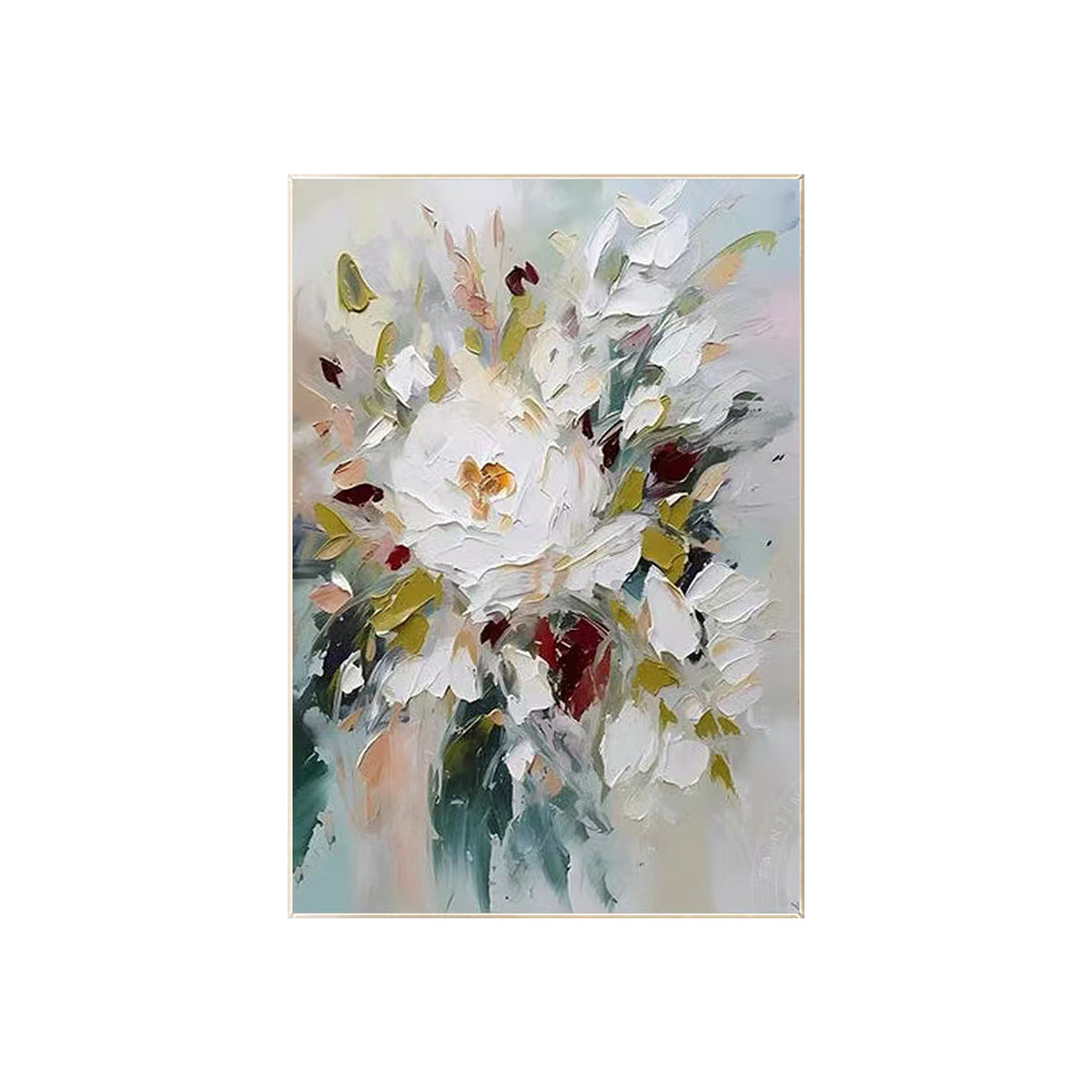 Modern white floral artwork on canvas with layered texture and botanical inspiration.