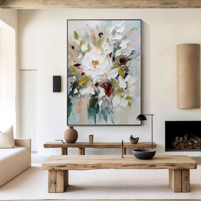 Hand painted white flower canvas painting with rich palette knife texture and botanical design