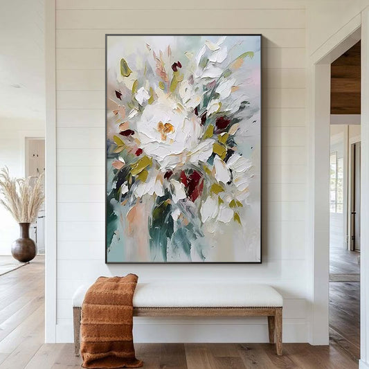 Large white floral wall art featuring hand painted textured flowers for a modern living room.
