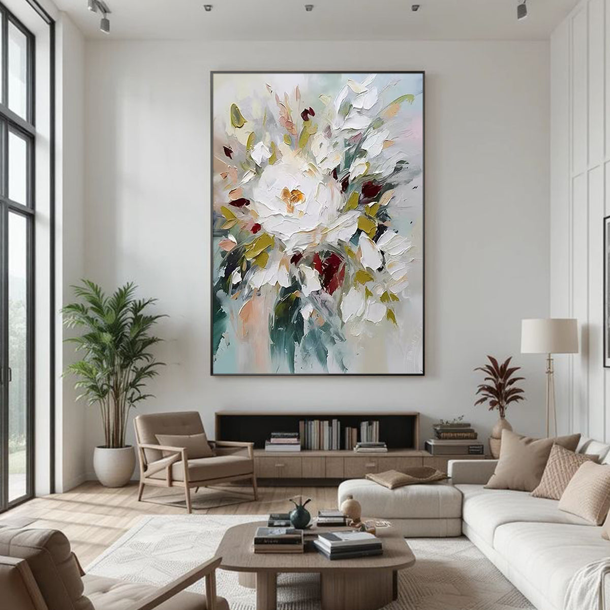 Neutral floral wall art with textured white blossoms for organic modern home decor.