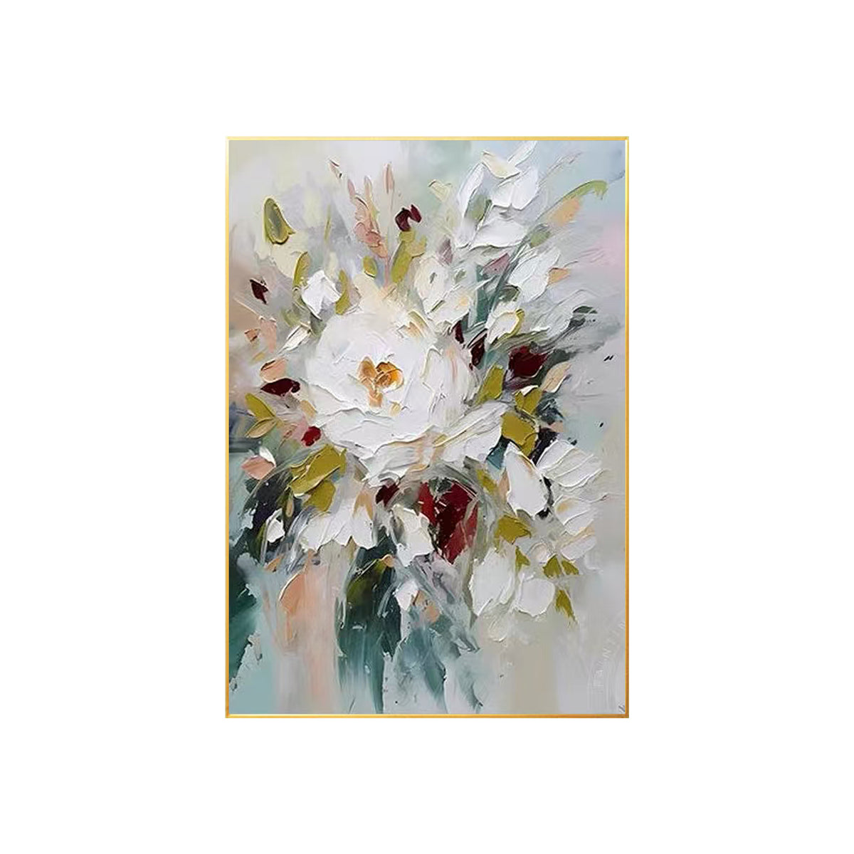 Modern white floral artwork on canvas with layered texture and botanical inspiration.