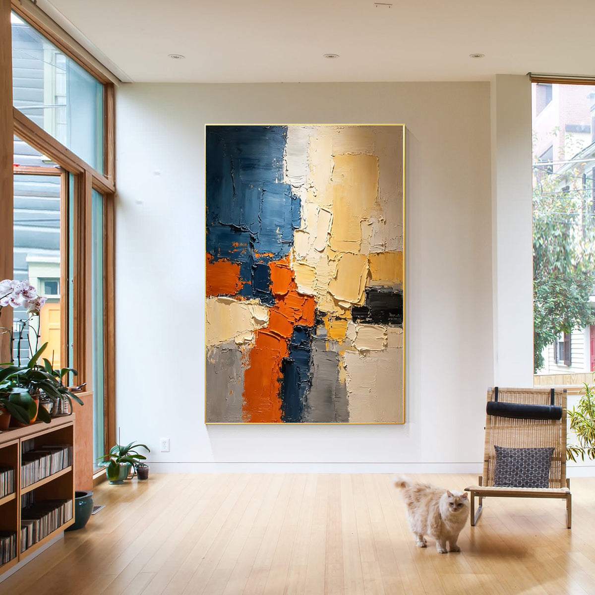Blue beige gray textured wall art in modern living room