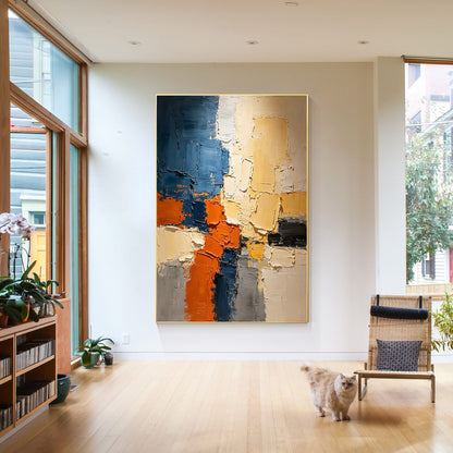 Blue beige gray textured wall art in modern living room